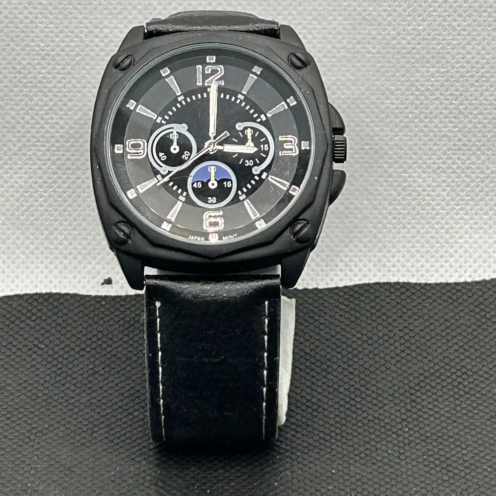 Mens Black Chronograph Style Watch Japan Quartz Movement leather Strap‎ Analog